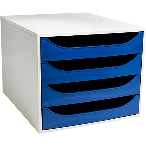 Étagère blanche avec quatre tiroirs. Tiroirs bleus. Intérieur noir.