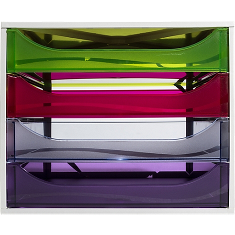 Système de classement multicolore avec quatre tiroirs transparents. Vert, rose, gris, violet. Cadre blanc.