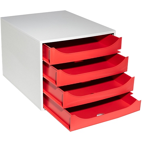 Unité de rangement blanche avec quatre tiroirs rouges, légèrement ouverts.