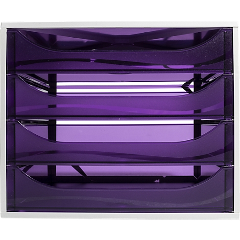 Quatre paniers de rangement violets superposés avec un cadre blanc. Ils se détachent sur un fond blanc.