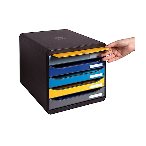 Organiseur de documents noir avec tiroirs colorés, une main ouvrant un tiroir jaune.