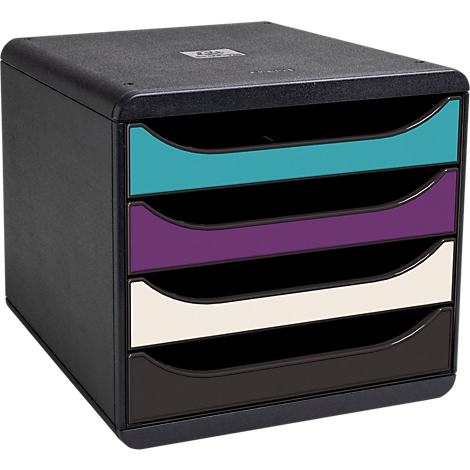 Caisson à tiroirs noir avec quatre tiroirs colorés en bleu, violet, crème et marron foncé.