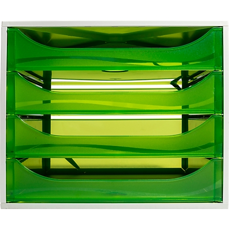Organisateur de bureau avec quatre tiroirs verts transparents dans un cadre blanc.