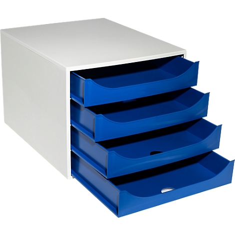 Armoire blanche avec quatre tiroirs bleus. La vue est frontale, les tiroirs sont partiellement ouverts.