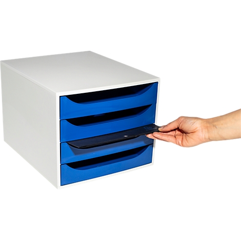 Armoire de bureau blanche et bleue avec quatre tiroirs, une main tirant un tiroir.