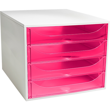 Étagère de bureau blanche avec quatre tiroirs rose vif.