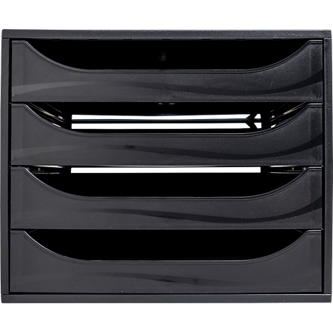 Tour de rangement de dossiers noir avec 4 tiroirs. Chaque tiroir a une forme ondulée et est marqué d'une ligne décorative.