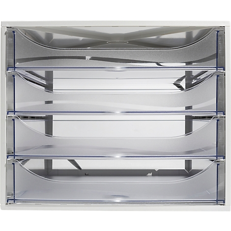 Organisateur de bac à papier blanc avec quatre compartiments transparents.