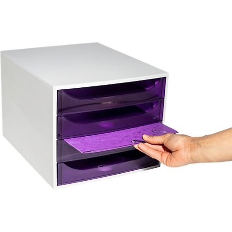 Organisateur de bureau blanc avec 3 tiroirs et un tiroir violet en cours d'ouverture.