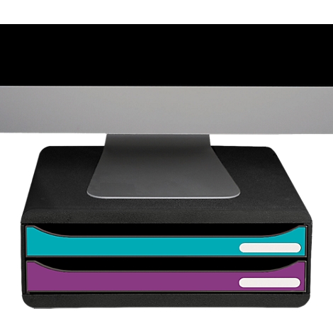 Support de moniteur noir avec un tiroir turquoise et un tiroir violet sous un écran d'ordinateur.