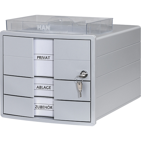 Organisateur de bureau gris avec tiroirs, clé et étiquettes : PRIVÉ, RANGEMENT, ACCESSOIRES.