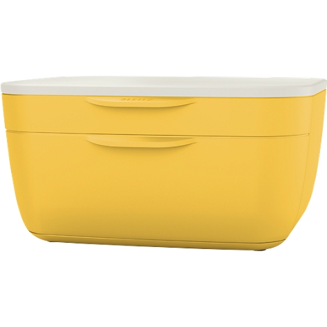 Boîte jaune avec couvercle blanc, avec poignées.