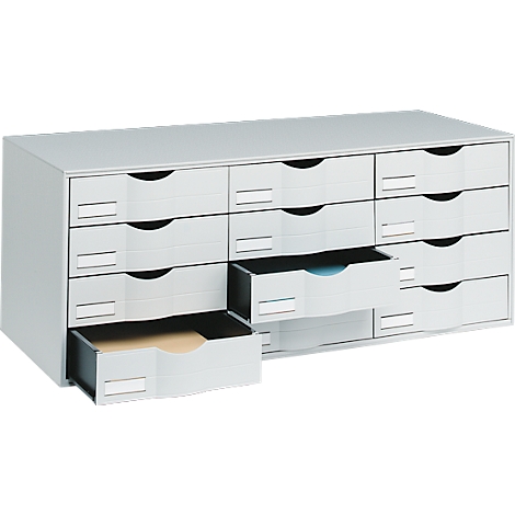 Caisson à tiroirs gris à douze compartiments sur fond blanc ; certains tiroirs sont entrouverts.