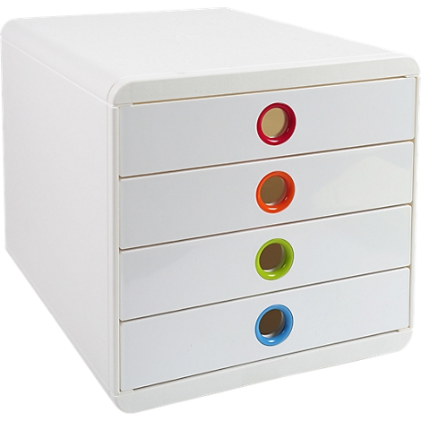Organisateur de bureau blanc avec quatre tiroirs. Chaque tiroir a une poignée colorée : rouge, orange, vert et bleu.