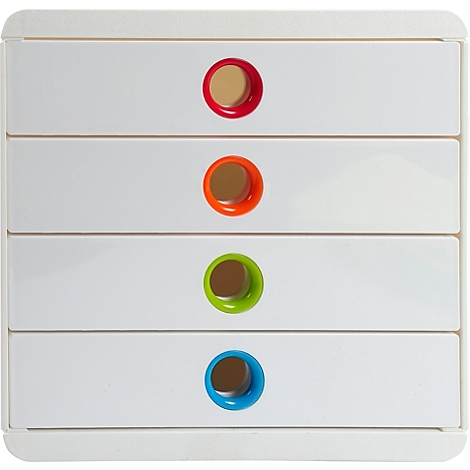 Système de tiroirs blanc avec quatre tiroirs. Chaque tiroir a un bouton coloré : rouge, orange, vert, bleu.
