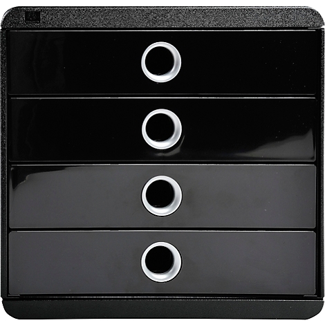 Armoire à tiroirs noire avec quatre compartiments. Chaque compartiment a une poignée ronde avec une surface intérieure blanche.
