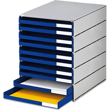 Organiseur de documents gris avec tiroirs bleus. Des feuilles jaunes et blanches sont dans deux tiroirs.