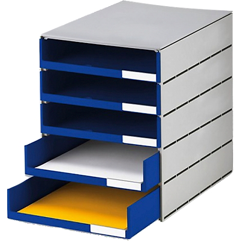 Organisateur de documents gris et bleu avec tiroirs. Deux tiroirs sont ouverts, contenant des papiers jaunes et blancs.