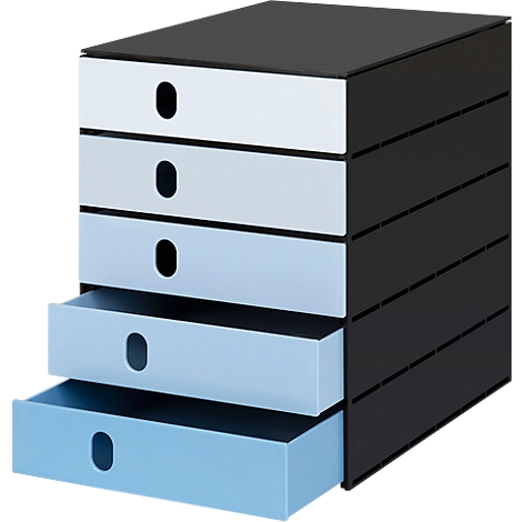 Commode. Corps noir, tiroirs en blanc, gris clair et bleu. Deux tiroirs ouverts.