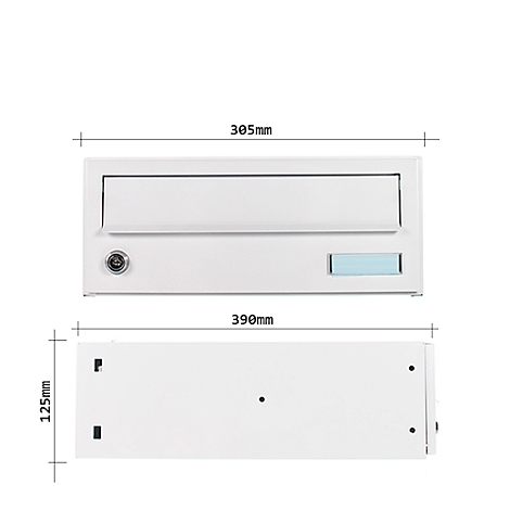 Boîte aux lettres blanche avec dimensions. Haut : 305 mm, bas : 390 mm de large et 125 mm de haut.