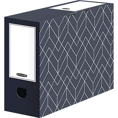 Boîte d'archives bleu foncé avec motif en zigzag blanc. Elle comporte une zone d'étiquettes blanche et une poignée en métal.