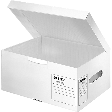 Boîte d'archives blanche, couvercle ouvert, avec poignée. "LEITZ infinity" est écrit sur la boîte.