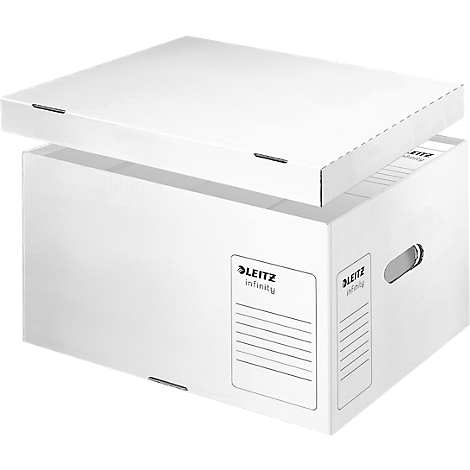 Boîte d'archives Leitz blanche avec le couvercle à moitié ouvert. La boîte porte la mention 'LEITZ infinity' et comporte une zone d'étiquetage vierge.