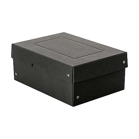 Boîte d'archives sombre avec couvercle et rivets métalliques. Il y a une zone rectangulaire encastrée sur le couvercle.