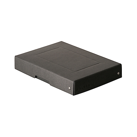 Boîte rectangulaire noire avec une surface légèrement surélevée. Rivets métalliques sur les coins, inscription 'FALKEN'.