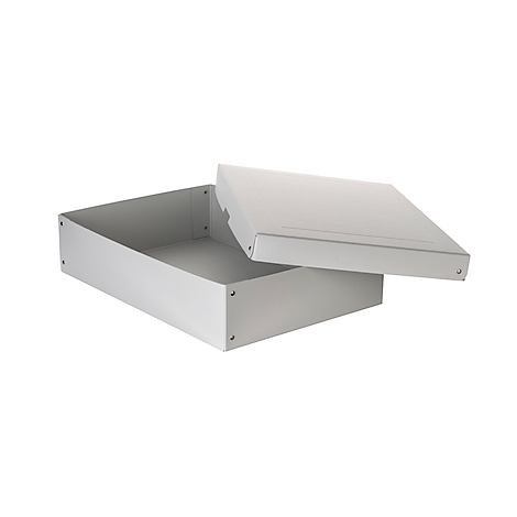 Boîte de rangement ouverte, gris clair, avec un couvercle légèrement ouvert.