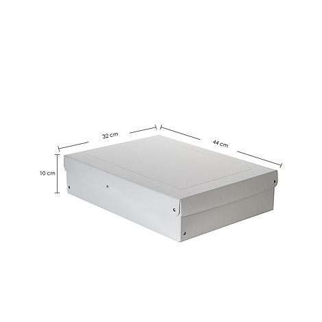 Une boîte de rangement blanche de dimensions 44x32x10 cm. Elle est présentée sur fond blanc.