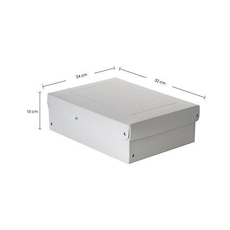 Boîte de rangement blanche, les dimensions sont données : 24 cm x 32 cm x 10 cm.