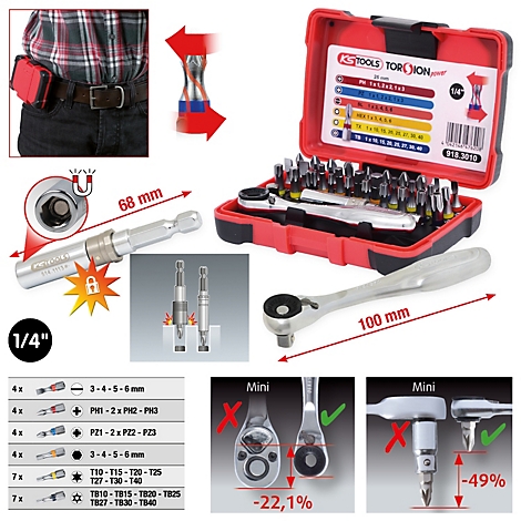 Boîte à outils avec embouts et cliquet, détails et application.