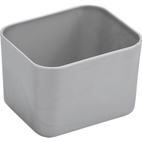 Boîte de rangement rectangulaire grise avec des coins arrondis. Intérieur visible.