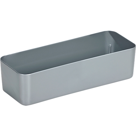 Boîte de rangement rectangulaire grise avec des coins arrondis.