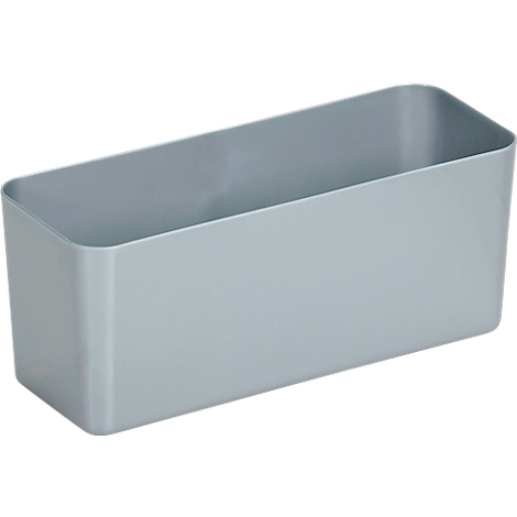 Boîte de rangement rectangulaire grise, en plastique lisse.