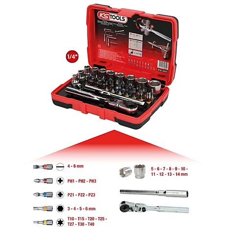 Boîte à outils rouge avec un assortiment de douilles et d'embouts. L'étiquetage indique les spécifications de taille.