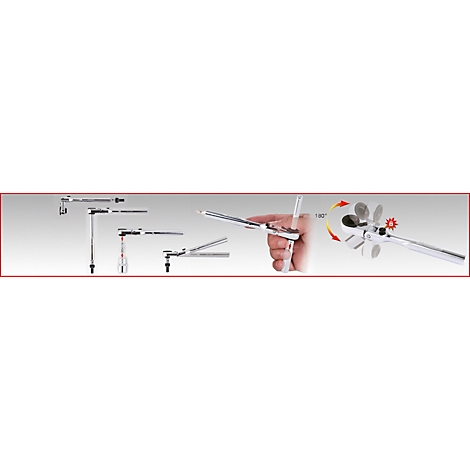 Illustration d'une clé à cliquet dans différentes positions. Main tenant une clé, affichage de l'angle et flèches rouges.