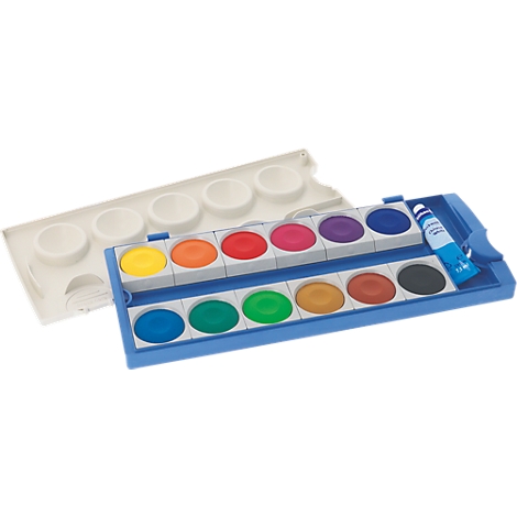 Boîte de peinture bleue avec douze aquarelles rondes et un tube de blanc opaque sur fond blanc.