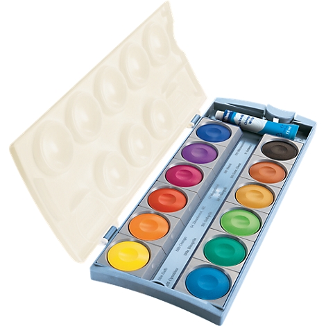 Une boîte de peinture ouverte avec douze aquarelles aux couleurs vives et un petit tube de blanc couvrant.