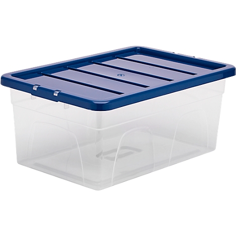 Boîte de rangement transparente avec couvercle bleu, fermée.