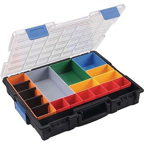 Boîte à outils noire ouverte avec des inserts colorés. Couvercle transparent, charnière bleue. Vue détaillée des compartiments.