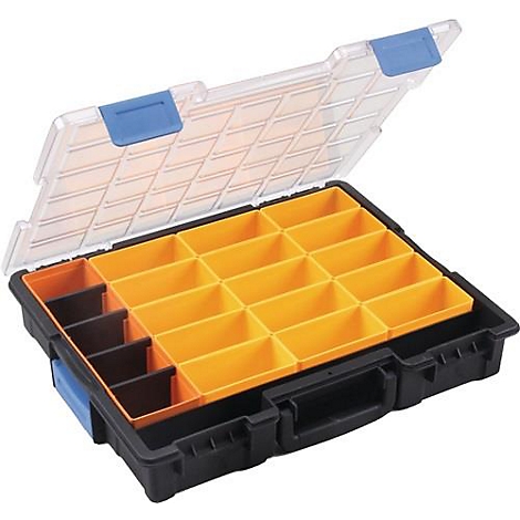 Boîte à outils ouverte avec compartiments orange et noirs, couvercle transparent et fermetures bleues.