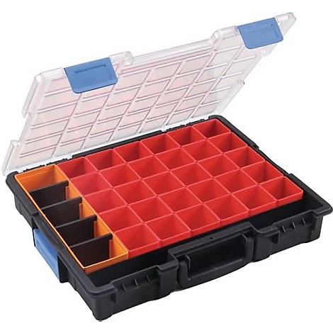 Boîte à outils noire avec couvercle transparent ouvert. À l'intérieur, des compartiments rouges et orange.