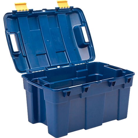 Boîte à outils bleue avec couvercle ouvert. Fermetures jaunes. Intérieur structuré.