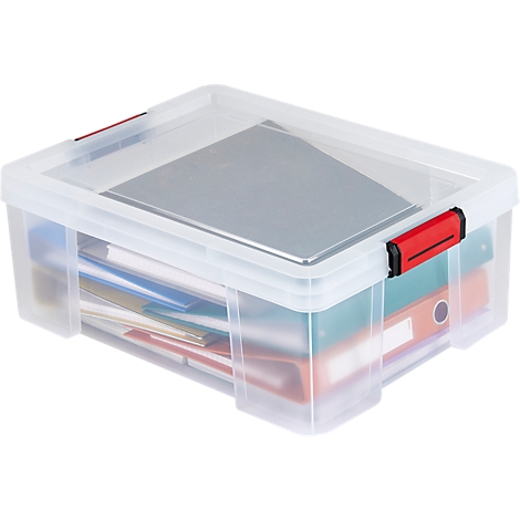 Boîte de rangement transparente en plastique avec fermoirs rouges, remplie de documents et de classeurs.