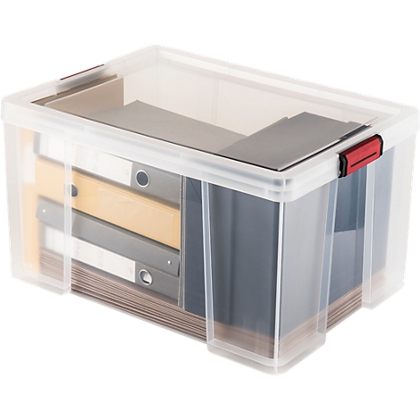 Boîte de rangement transparente en plastique avec couvercle, remplie de classeurs et de documents.