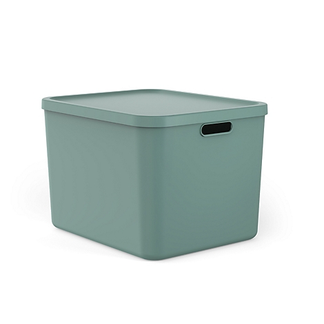 Boîte de rangement vert clair avec couvercle. Dimensions et volume indiqués.