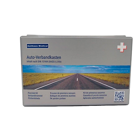 Boîte de premiers secours grise pour voiture avec croix rouge, lettrage, une route, code QR et textes internationaux.