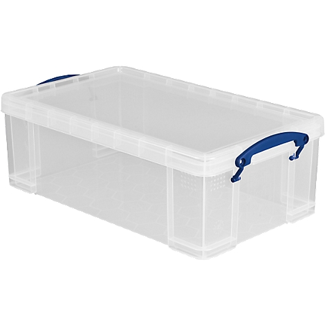 Boîte de rangement transparente avec poignée bleue, rectangulaire, sans contenu.
